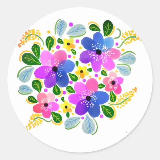 紫ピンク青の水彩花 ラウンドシール (正面)