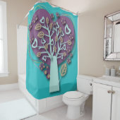 紫ファンキーとティール（緑がかった色）のハートツリー、愛とロマンス シャワーカーテン (インサイチュ)