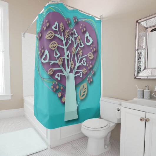 紫ファンキーとティール（緑がかった色）のハートツリー、愛とロマンス シャワーカーテン (インサイチュ)