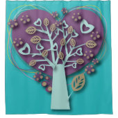 紫ファンキーとティール（緑がかった色）のハートツリー、愛とロマンス シャワーカーテン (正面)