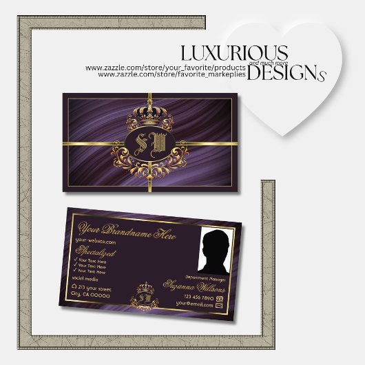 紫ファンシーの金ゴールド冠と王室のモノグラム写真 名刺