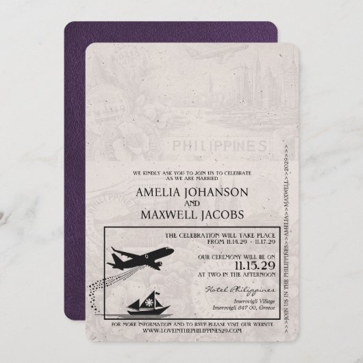 紫フィリピンパスポ結婚ート 招待状 (正面/裏面)