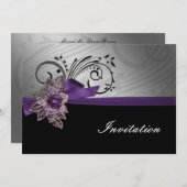 紫フェイクのヴィンテージブ結婚ルック 招待状 (正面/裏面)