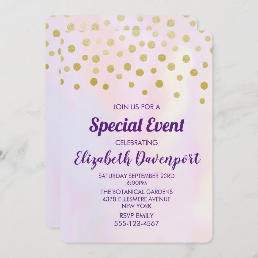 紫フェイクの水彩パーティーの金ゴールド紙吹雪 招待状 (正面/裏面)