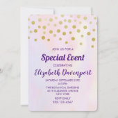 紫フェイクの水彩パーティーの金ゴールド紙吹雪 招待状 (正面)