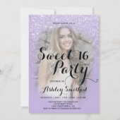 紫フェイクラベンダーグリッターグラデーション写真Sweet 16 招待状 (正面)