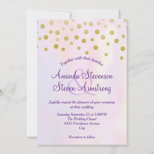 紫フェイク水色の金ゴールド結婚紙吹雪 招待状 (正面)