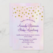 紫フェイク水色の金ゴールド結婚紙吹雪 招待状 (正面/裏面)