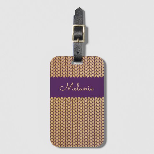 紫フェイク金ゴールド編みパーソナライズされた模様 ラゲッジタグ (正面縦)