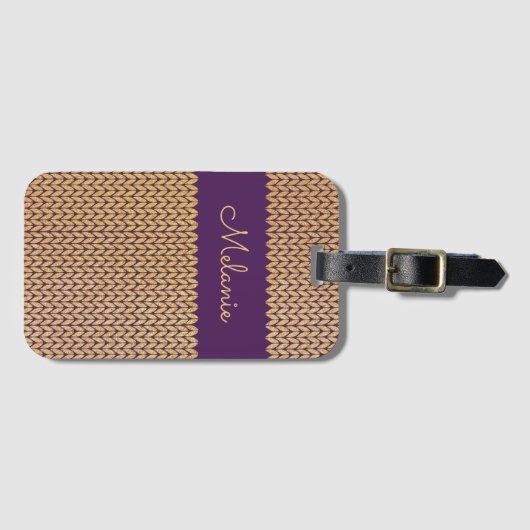 紫フェイク金ゴールド編みパーソナライズされた模様 ラゲッジタグ (正面横)