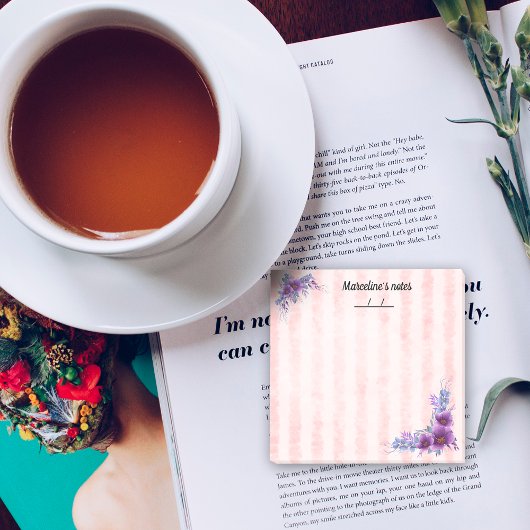 紫フェミニンの花と柔らストライプかなピンク3" x 3" ポストイット