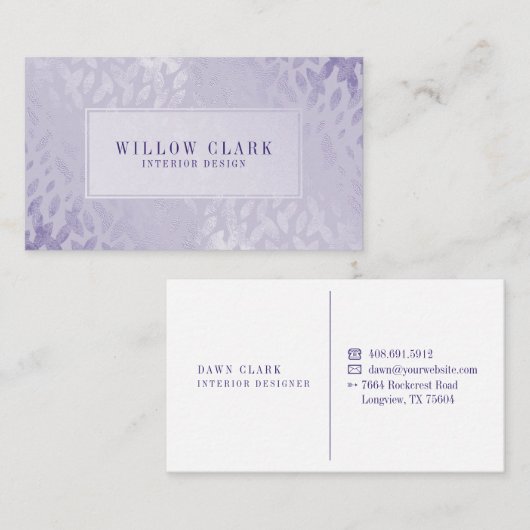 紫フェミニン淡い色の金ゴールド柳の葉のパターン 名刺 (正面/裏面)