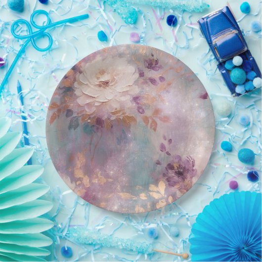 紫フェミニン青と金ゴールドフローラ ペーパープレート (パーティー)