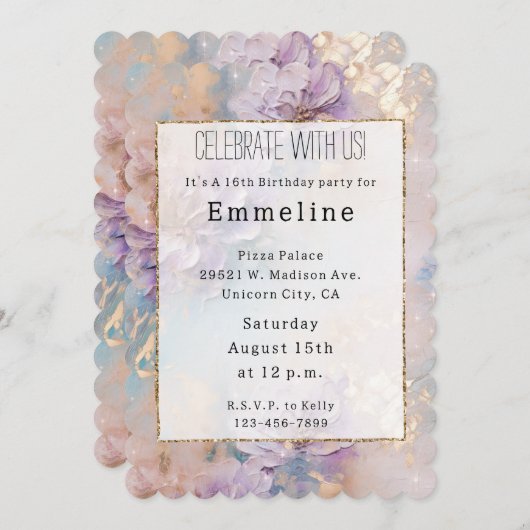 紫フェミニン青と金ゴールドフローラ 招待状 (正面/裏面)