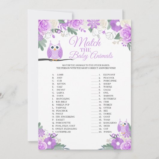紫フクロウのフローラと赤ちゃん動物のゲームカード 招待状 (正面)
