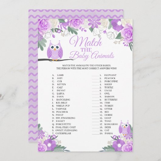 紫フクロウのフローラと赤ちゃん動物のゲームカード 招待状 (正面/裏面)