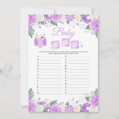 紫フクロウフローラベビーシャワーベビーABCズゲームカード 招待状 (正面)
