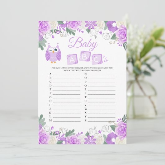 紫フクロウフローラベビーシャワーベビーABCズゲームカード 招待状 (スタンド正面)