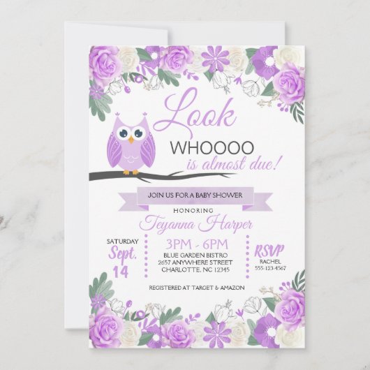 紫フクロウフローラベビーシャワー招待状 招待状 (正面)
