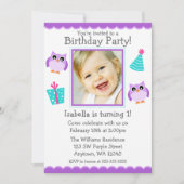 紫フクロウ·パーティー1歳の誕生日少女の写真 招待状 (正面)