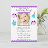 紫フクロウ·パーティー1歳の誕生日少女の写真 招待状 (スタンド正面)