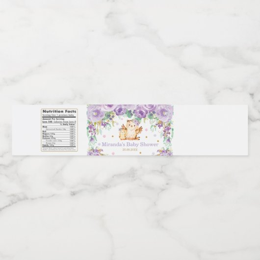 紫フローラかわいいフクロウ赤ちゃんシャワー赤ちゃん女の子 ペットボトルラベル (シングルラベル)