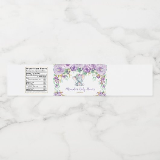紫フローラかわいい象の赤ちゃんシャワー赤ちゃん女の子 ペットボトルラベル (シングルラベル)