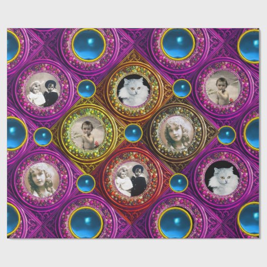 紫フローラクリスマスクラウン、ブルージェムフォトフレーム ラッピングペーパー (フラット)