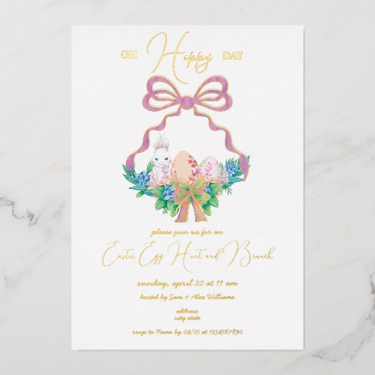 紫フローラクレスターカゴ卵狩りブランチ 箔招待状 (正面)