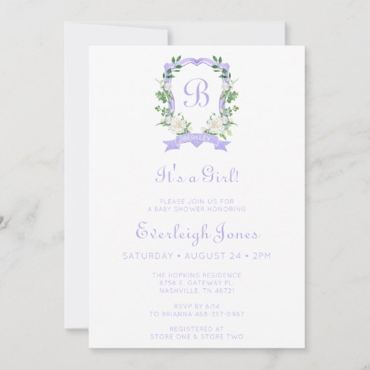 紫フローラクレスト女の子の赤ちゃんシャワー 招待状 (正面)