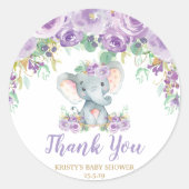 紫フローラゾウ赤ちゃんシャワーありがとう ラウンドシール (正面)
