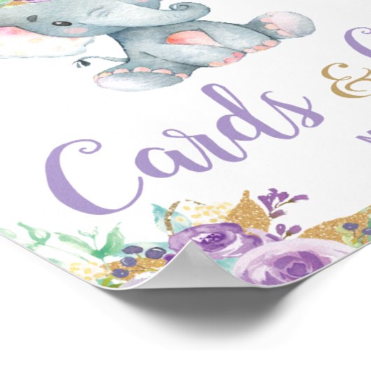 紫フローラゾウ赤ちゃんシャワーカードギフト ポスター (角)