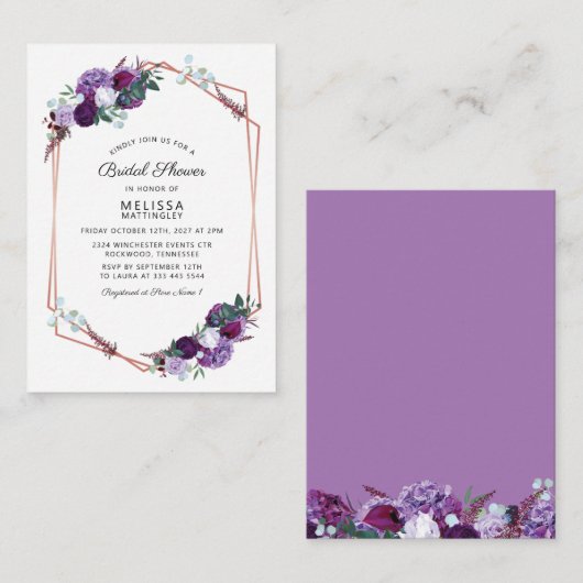 紫フローラバラ金ゴールドフレームブライダルシャワー予算 ノートカード (正面/裏面)