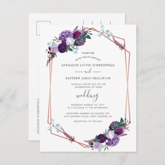 紫フローラバラ金ゴールド幾何結婚の インビテーションポストカード (正面/裏面)