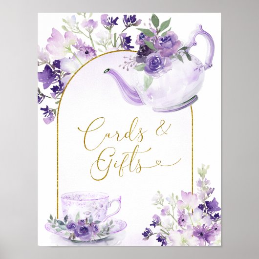 紫フローラブライダルシャワーティーカードとギフト ポスター (正面)