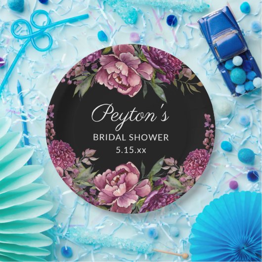 紫フローラブラックブライダルシャワー名日付 ペーパープレート (パーティー)