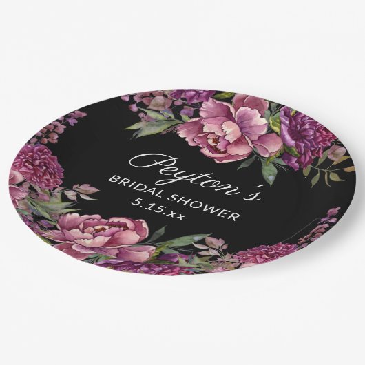紫フローラブラックブライダルシャワー名日付 ペーパープレート (アングル)