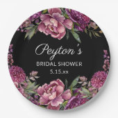 紫フローラブラックブライダルシャワー名日付 ペーパープレート (正面)