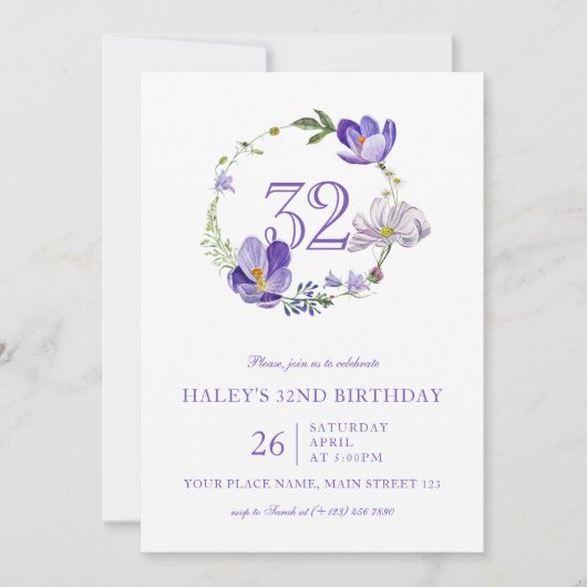 紫フローラワイルドフラワーヴィンテージ32番目の誕生日 招待状 (正面)