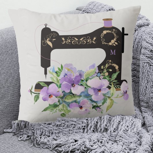 紫フローラヴィンテージ裁縫機械モノグラム クッション