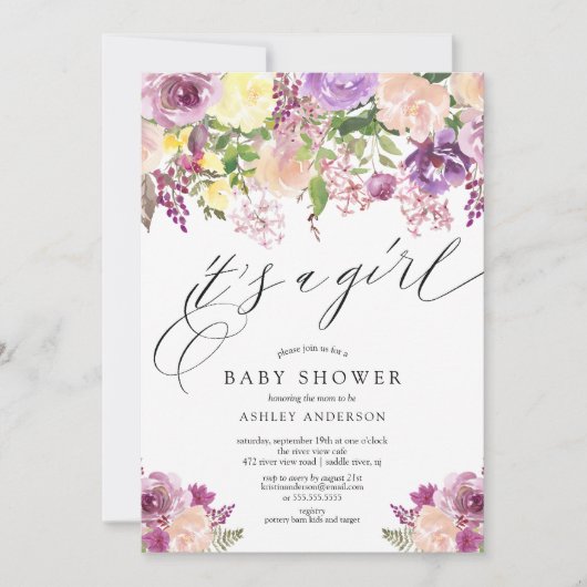 紫フローラ女の子の赤ちゃんシャワー 招待状 (正面)