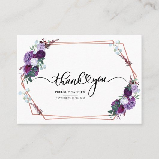 紫フローラ幾何学模様金ゴールドフレームサンキューカード 名刺 (正面)