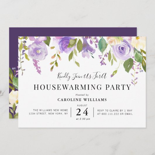 紫フローラ引っ越し祝いパーティーパーティの招待状 招待状 (正面/裏面)