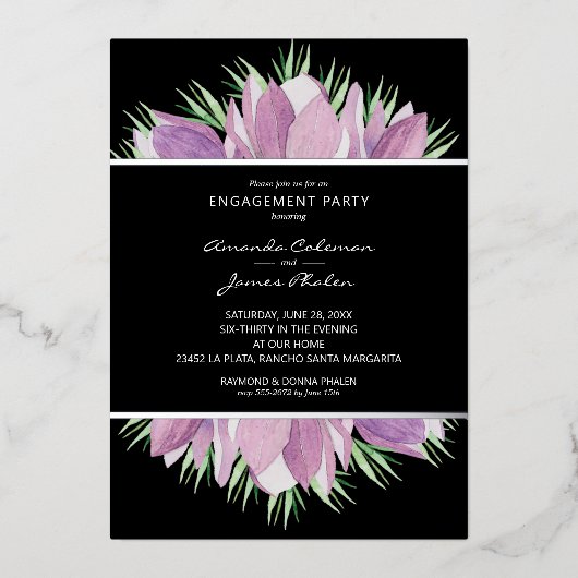 紫フローラ水彩婚約パーティ招待状 箔招待状 (正面)