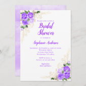 紫フローラ水彩金ゴールドブライダルシャワー 招待状 (正面/裏面)