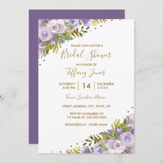 紫フローラ水彩金ゴールドブライダルシャワー 招待状 (正面/裏面)