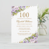 紫フローラ水彩金ゴールド100誕生日 招待状 (スタンド正面)