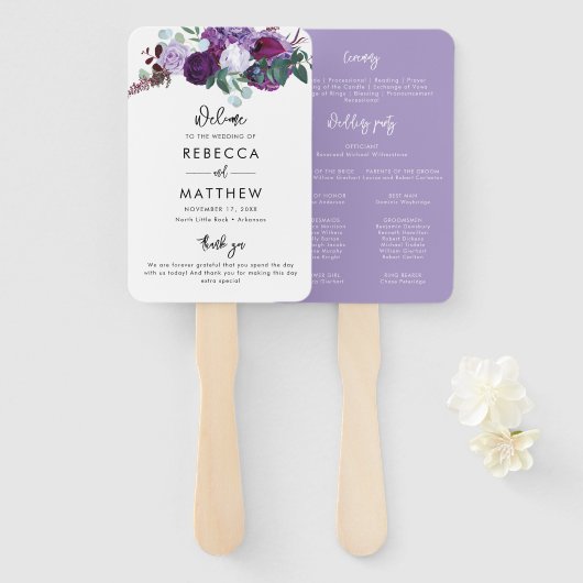 紫フローラ水色スクリプト結婚式 プログラム ハンドファン (正面&裏面)