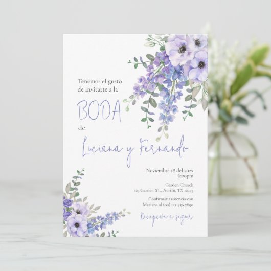 紫フローラ結婚式招待状スペインの 招待状 (スタンド正面)