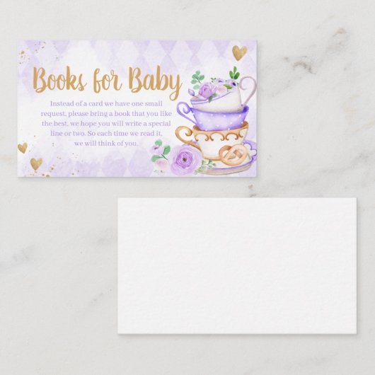 紫フローラ茶パーティー赤ちゃんシャワーベビー本 エンクロージャーカード (正面/裏面)